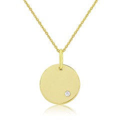 Yellow Gold Cubic Zirconia Engraving Disc Pendant Necklace