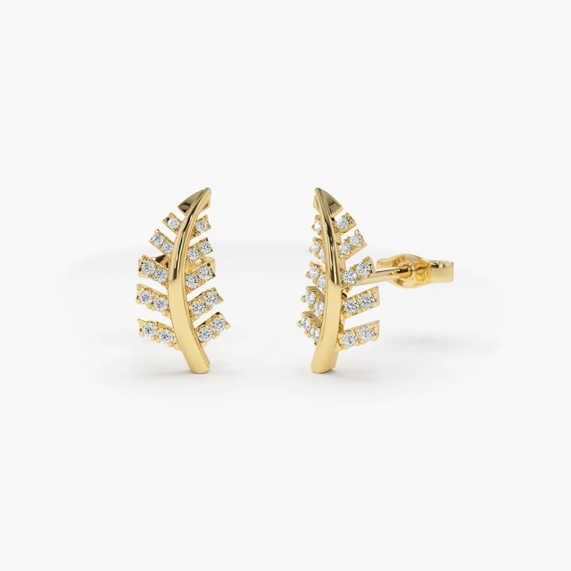 14K Gold Cubic Zirconia Leaf Earrings in 925 Sterling Silver