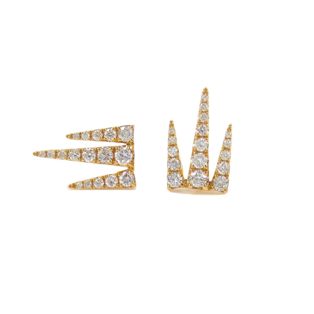 18K Yellow Gold Diamond Pave 3-spikes Stud Earrings