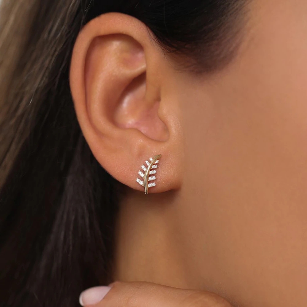 14K Gold Cubic Zirconia Leaf Earrings in 925 Sterling Silver