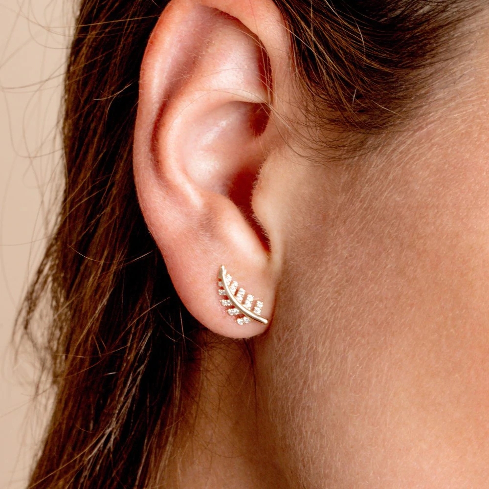 14K Gold Cubic Zirconia Leaf Earrings in 925 Sterling Silver