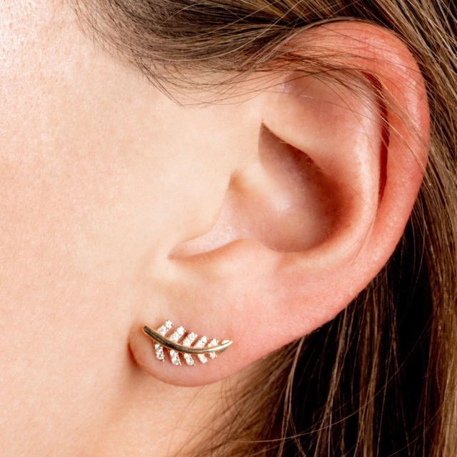 14K Gold Cubic Zirconia Leaf Earrings in 925 Sterling Silver