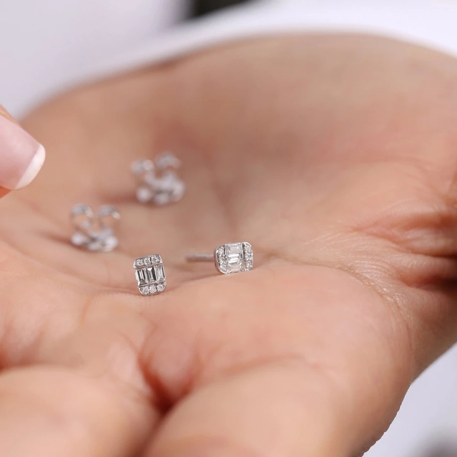 14K Tiny Baguette Cubic Zirconia Stud Earrings for Girl
