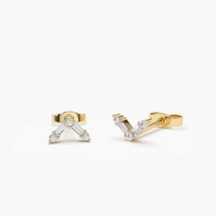 14K Minimal Baguette and Round Cubic Zirconia Earrings