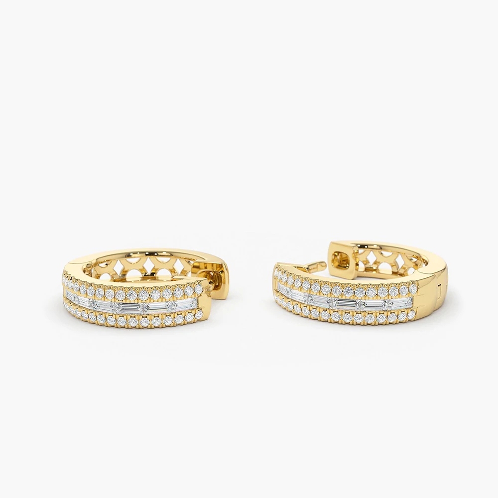 14K Pave Diamond and Baguette Hoop Earrings