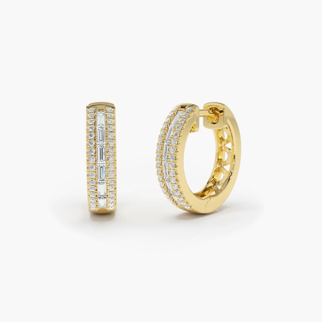 14K Pave Diamond and Baguette Hoop Earrings