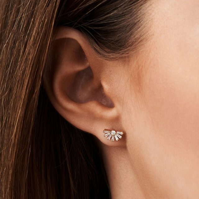 14K Half Round Tapered Baguette Cubic Studs Earrings