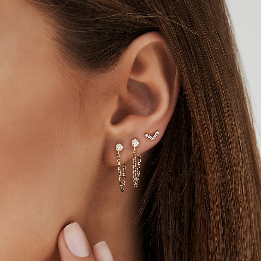 14K Minimal Baguette and Round Cubic Zirconia Earrings