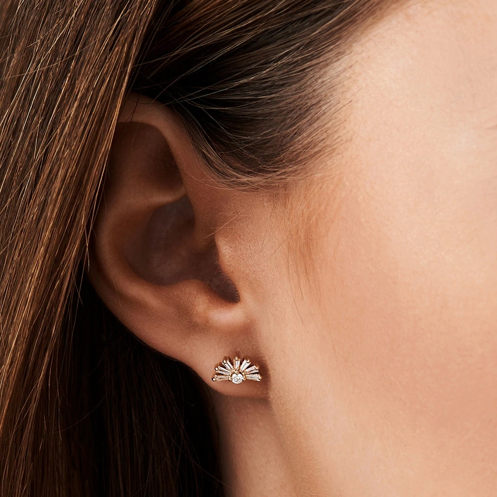 14K Half Round Tapered Baguette Cubic Studs Earrings