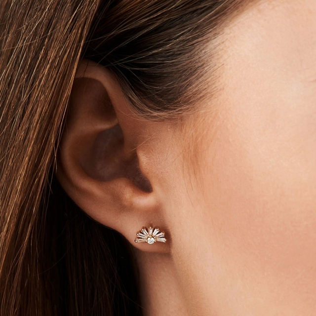 14K Half Round Tapered Baguette Cubic Studs Earrings