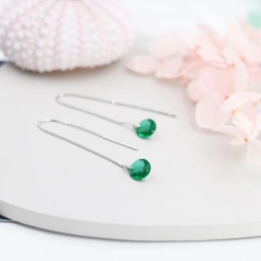 Emerald Green CZ Dot Threader Earrings in Sterling Silver, Minimalist Ear Threader, May Birthstone