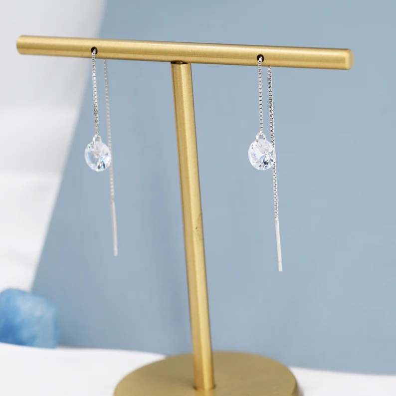 CZ Dot Threader Earrings in Sterling Silver, Minimalist Ear Threaders, Sparkly Crystal Threaders