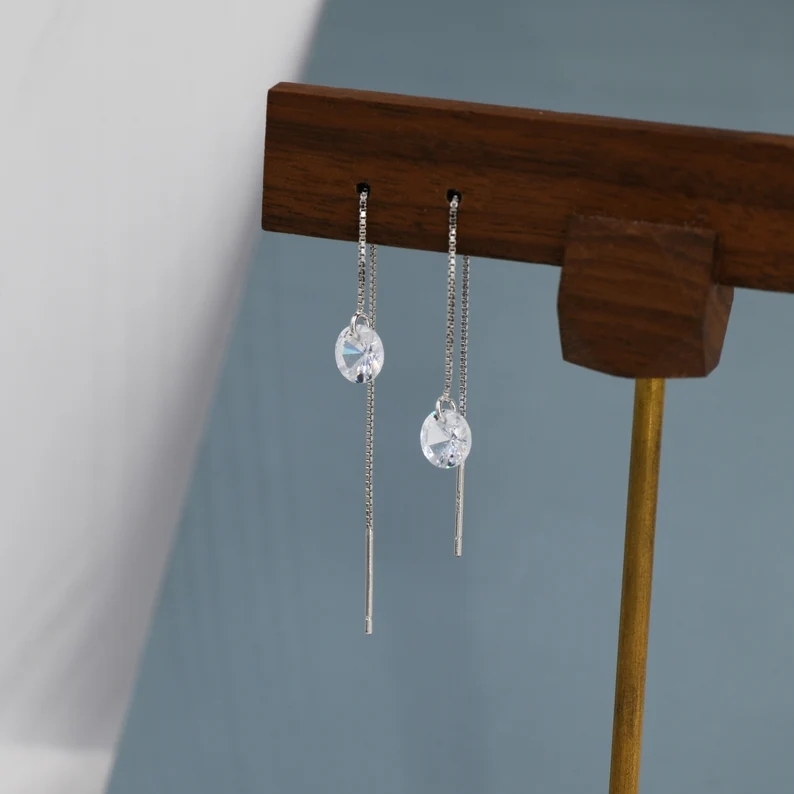 CZ Dot Threader Earrings in Sterling Silver, Minimalist Ear Threaders, Sparkly Crystal Threaders