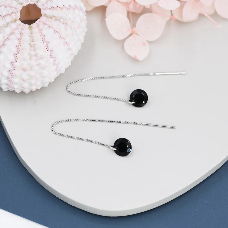 Black CZ Dot Threader Earrings in Sterling Silver, Minimalist Ear Threaders, Black Cubic Zirconia Threaders
