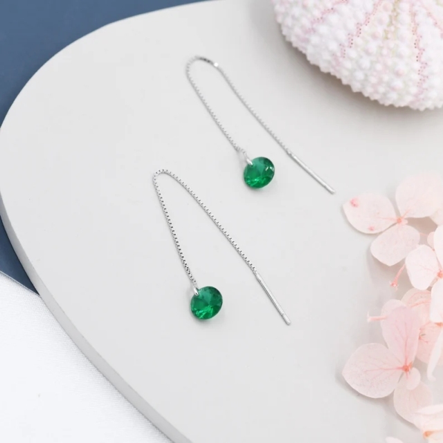 Emerald Green CZ Dot Threader Earrings in Sterling Silver, Minimalist Ear Threader, May Birthstone