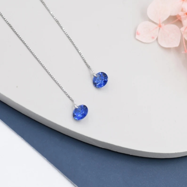 Sapphire Blue CZ Dot Threader Earrings in Sterling Silver, Minimalist Ear Threader, September Birthstone