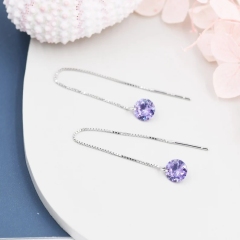 Amethyst Purple CZ Dot Threader Earrings in Sterling Silver, Minimalist Ear Threaders, Sparkly Crystal Threaders, February Birthstone
