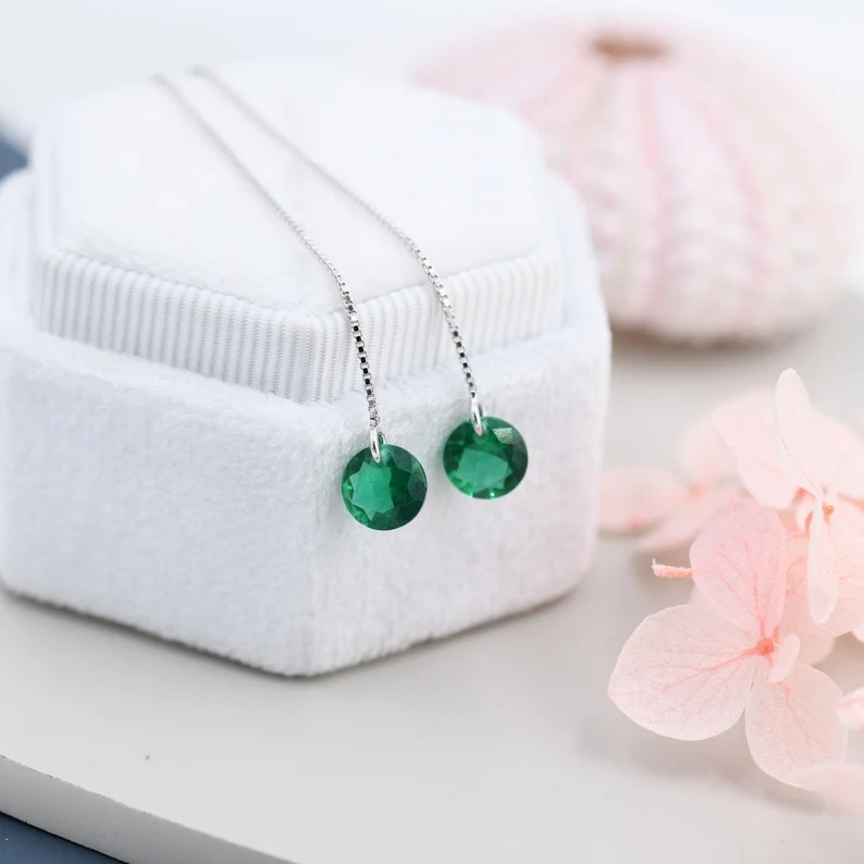 Emerald Green CZ Dot Threader Earrings in Sterling Silver, Minimalist Ear Threader, May Birthstone