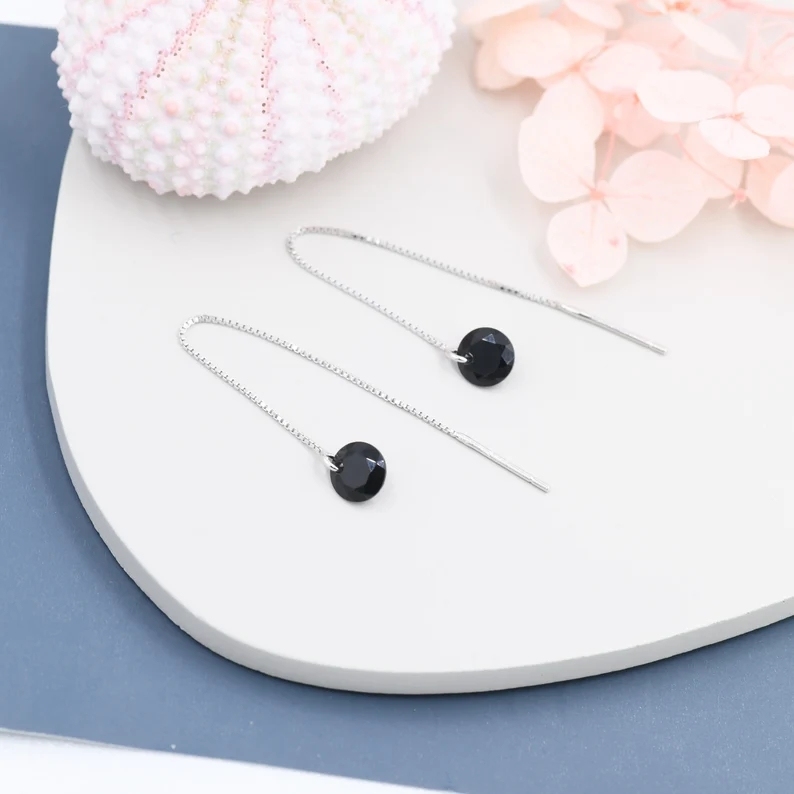 Black CZ Dot Threader Earrings in Sterling Silver, Minimalist Ear Threaders, Black Cubic Zirconia Threaders