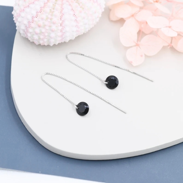 Black CZ Dot Threader Earrings in Sterling Silver, Minimalist Ear Threaders, Black Cubic Zirconia Threaders
