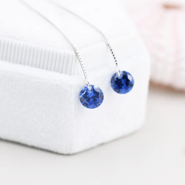 Sapphire Blue CZ Dot Threader Earrings in Sterling Silver, Minimalist Ear Threader, September Birthstone