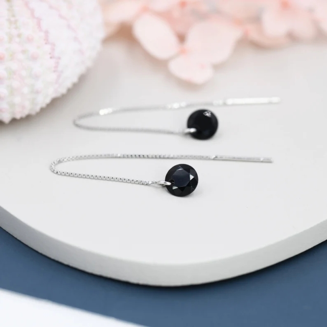 Black CZ Dot Threader Earrings in Sterling Silver, Minimalist Ear Threaders, Black Cubic Zirconia Threaders