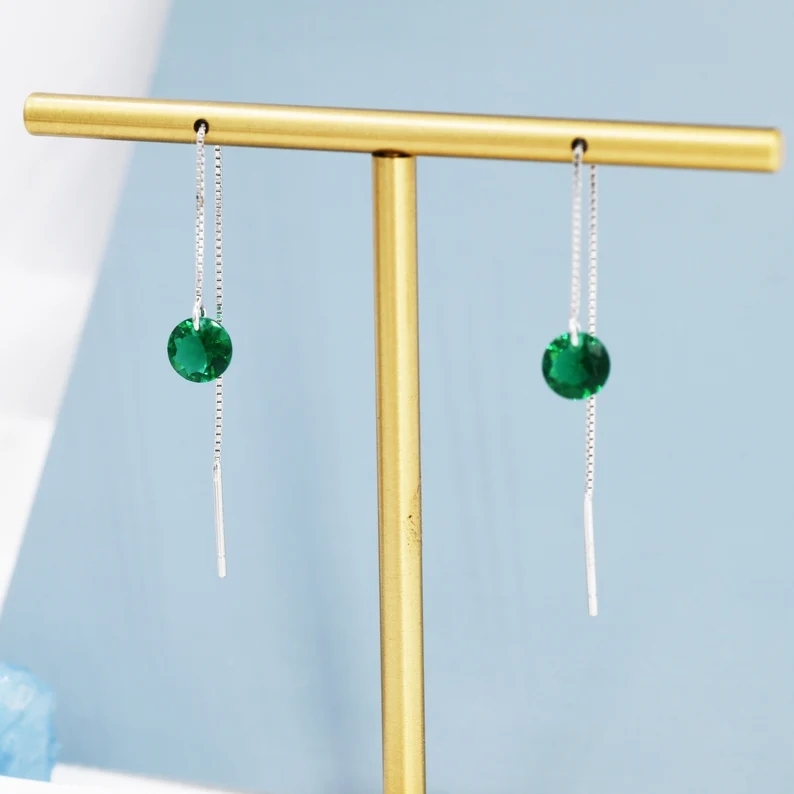 Emerald Green CZ Dot Threader Earrings in Sterling Silver, Minimalist Ear Threader, May Birthstone