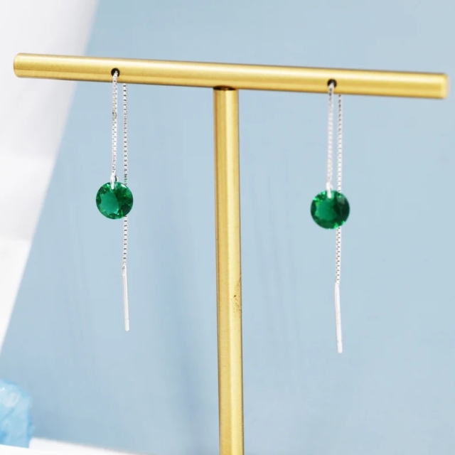 Emerald Green CZ Dot Threader Earrings in Sterling Silver, Minimalist Ear Threader, May Birthstone