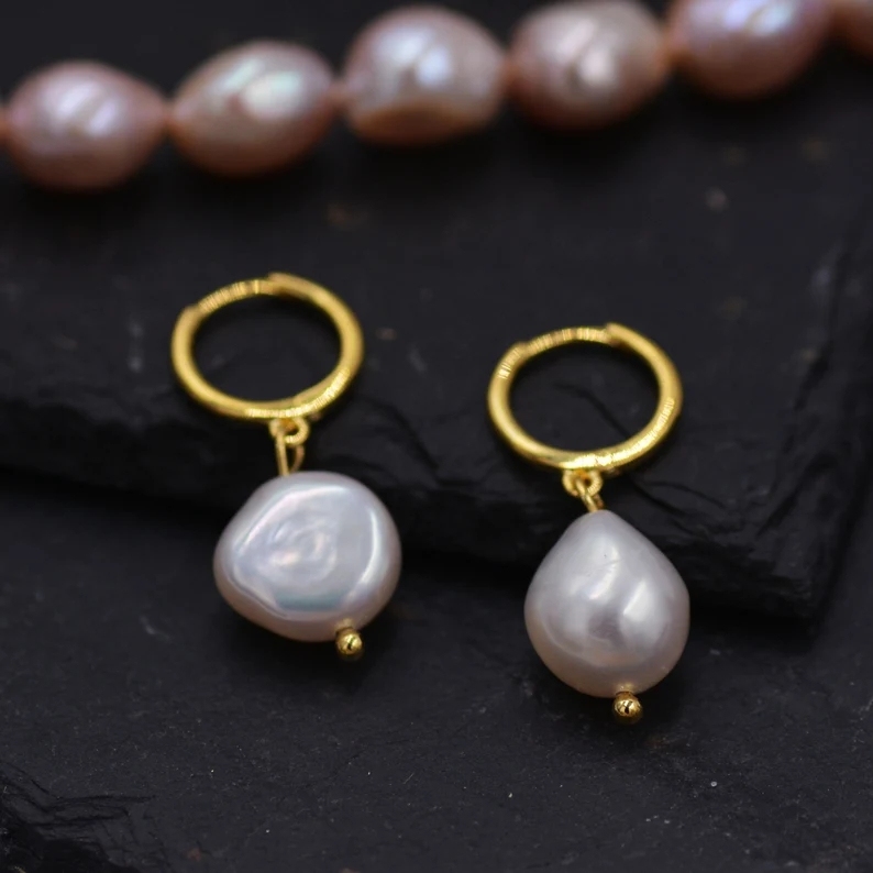 Sterling Silver Baroque Pearl Huggie Hoop Earrings, Drop Earrings with 18ct Gold Plate, Genuine Freshwater Pearls, Irregular Pearls
