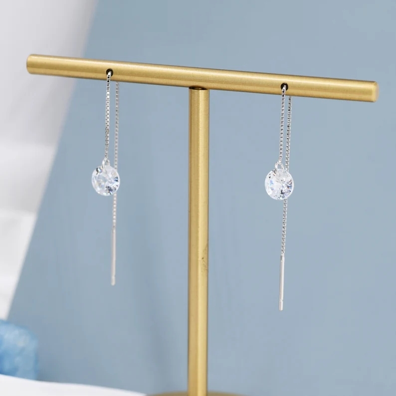 CZ Dot Threader Earrings in Sterling Silver, Minimalist Ear Threaders, Sparkly Crystal Threaders