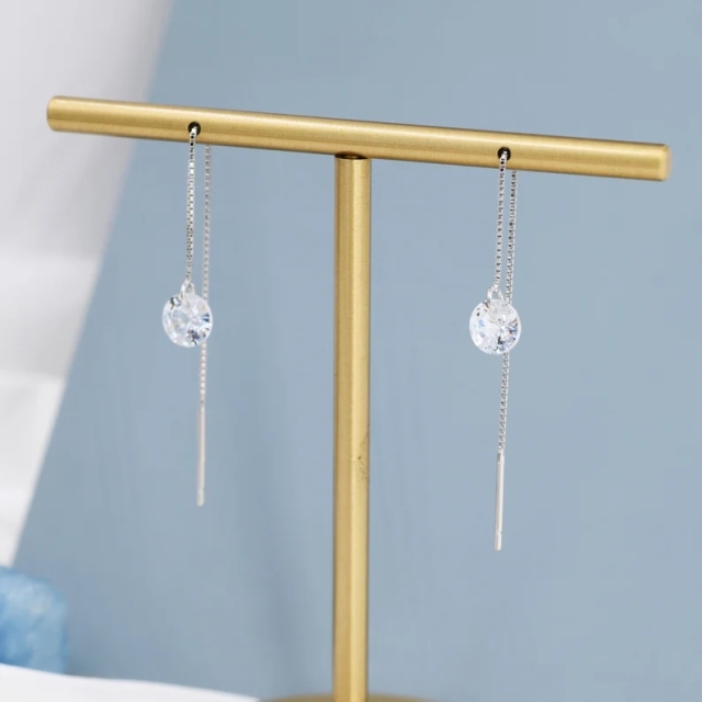 CZ Dot Threader Earrings in Sterling Silver, Minimalist Ear Threaders, Sparkly Crystal Threaders