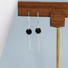 Black CZ Dot Threader Earrings in Sterling Silver, Minimalist Ear Threaders, Black Cubic Zirconia Threaders