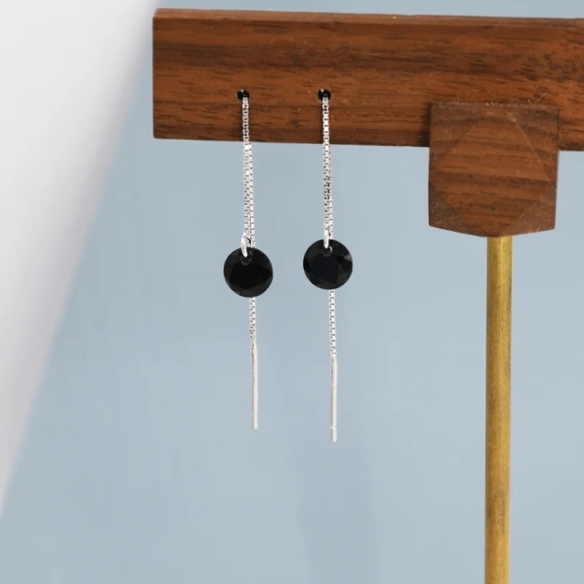 Black CZ Dot Threader Earrings in Sterling Silver, Minimalist Ear Threaders, Black Cubic Zirconia Threaders