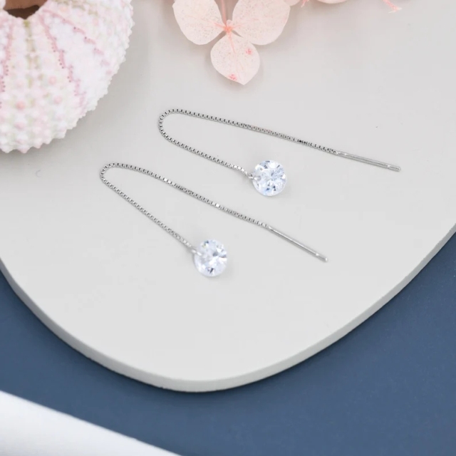 CZ Dot Threader Earrings in Sterling Silver, Minimalist Ear Threaders, Sparkly Crystal Threaders