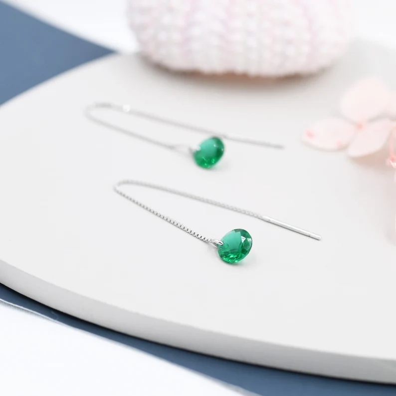 Emerald Green CZ Dot Threader Earrings in Sterling Silver, Minimalist Ear Threader, May Birthstone