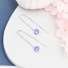 Amethyst Purple CZ Dot Threader Earrings in Sterling Silver, Minimalist Ear Threaders, Sparkly Crystal Threaders, February Birthstone