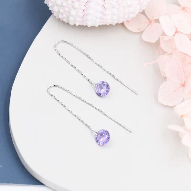 Amethyst Purple CZ Dot Threader Earrings in Sterling Silver, Minimalist Ear Threaders, Sparkly Crystal Threaders, February Birthstone