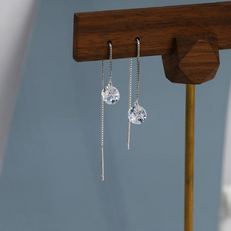 CZ Dot Threader Earrings in Sterling Silver, Minimalist Ear Threaders, Sparkly Crystal Threaders