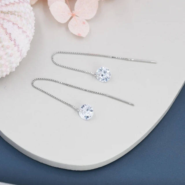 CZ Dot Threader Earrings in Sterling Silver, Minimalist Ear Threaders, Sparkly Crystal Threaders