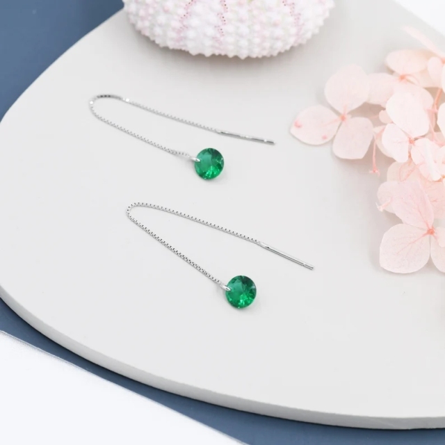 Emerald Green CZ Dot Threader Earrings in Sterling Silver, Minimalist Ear Threader, May Birthstone