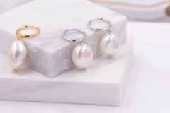 Sterling Silver Baroque Pearl Huggie Hoop Earrings, Drop Earrings with 18ct Gold Plate, Genuine Freshwater Pearls, Irregular Pearls