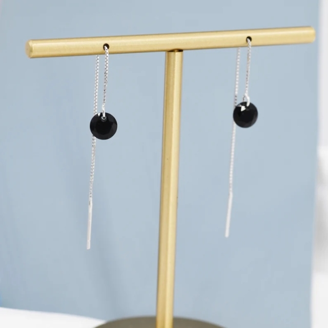 Black CZ Dot Threader Earrings in Sterling Silver, Minimalist Ear Threaders, Black Cubic Zirconia Threaders