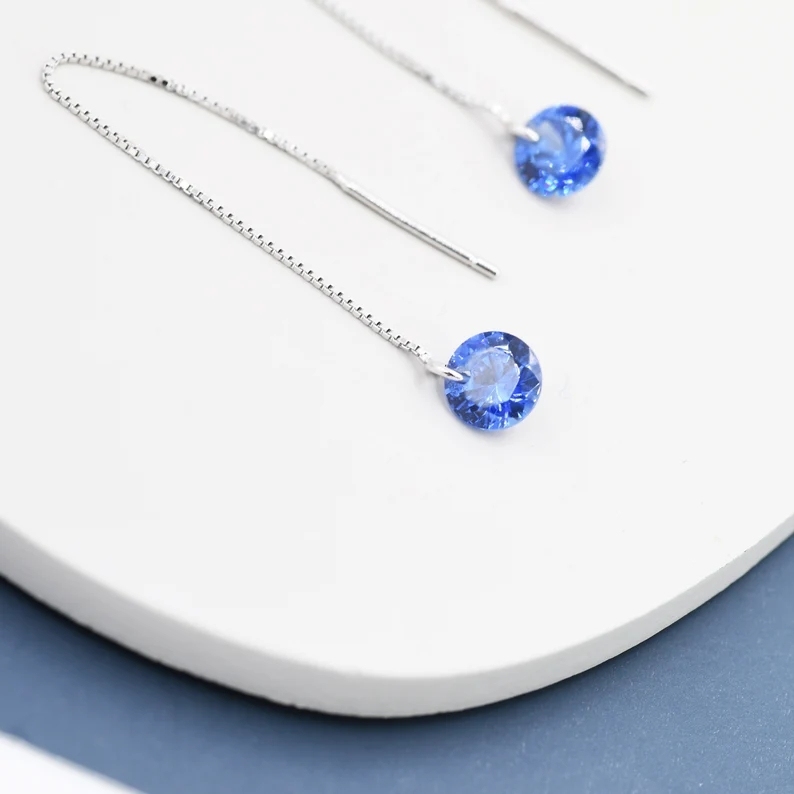Sapphire Blue CZ Dot Threader Earrings in Sterling Silver, Minimalist Ear Threader, September Birthstone