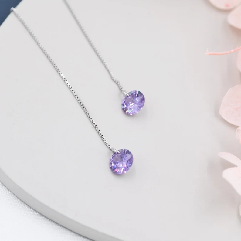 Amethyst Purple CZ Dot Threader Earrings in Sterling Silver, Minimalist Ear Threaders, Sparkly Crystal Threaders, February Birthstone