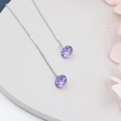 Amethyst Purple CZ Dot Threader Earrings in Sterling Silver, Minimalist Ear Threaders, Sparkly Crystal Threaders, February Birthstone