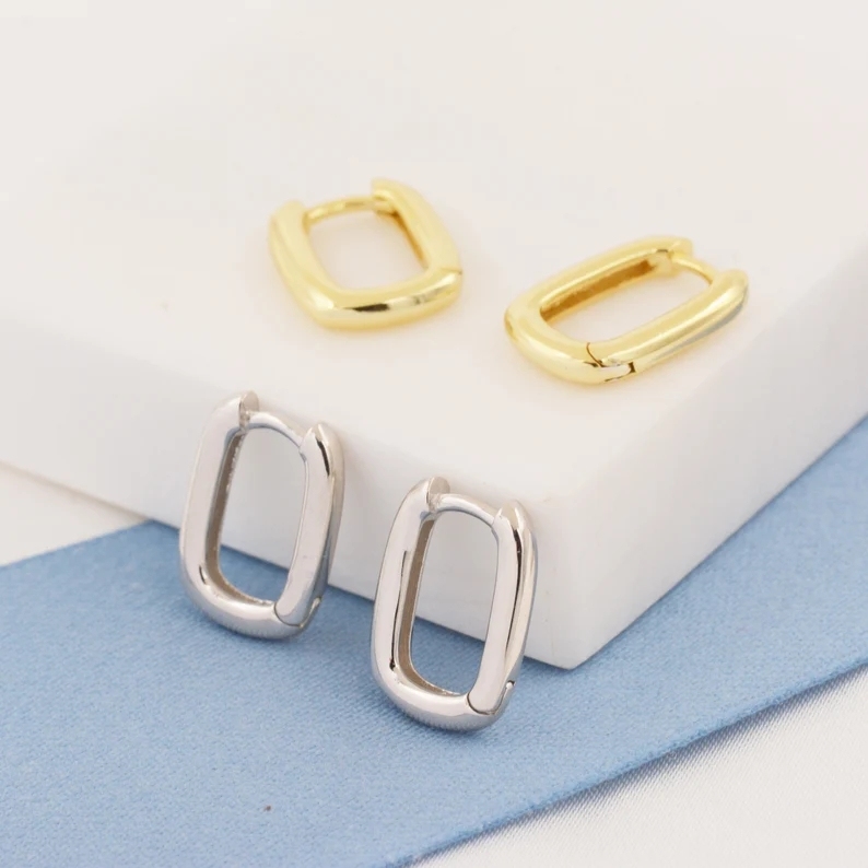 Pair of Mini Rectangular Hoop Earrings in Sterling Silver, Oval Hoop Earrings, Chunky Hoop Earrings, Silver or Gold, Square Hoop Earrings