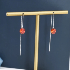 Garnet Red CZ Dot Threader Earrings in Sterling Silver, Minimalist Ear Threader, January Birthstone