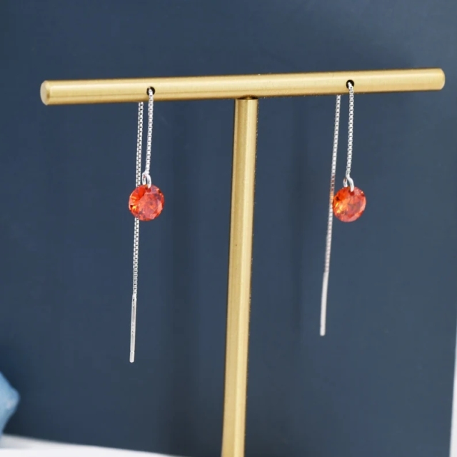 Garnet Red CZ Dot Threader Earrings in Sterling Silver, Minimalist Ear Threader, January Birthstone