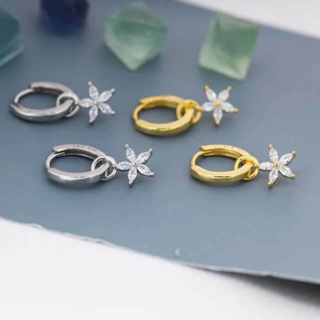 White Flower CZ Huggie Hoop in Sterling Silver, Silver or Gold, Minimalist Simple Hoop Earrings, Detachable and Interchangeable