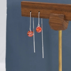 Garnet Red CZ Dot Threader Earrings in Sterling Silver, Minimalist Ear Threader, January Birthstone